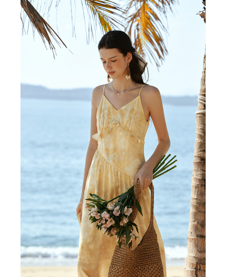Olrain New Summer Yellow French Vacation Style Ruffle Tie-Dye Print Spaghetti Strap Dress Yellow XL 18
