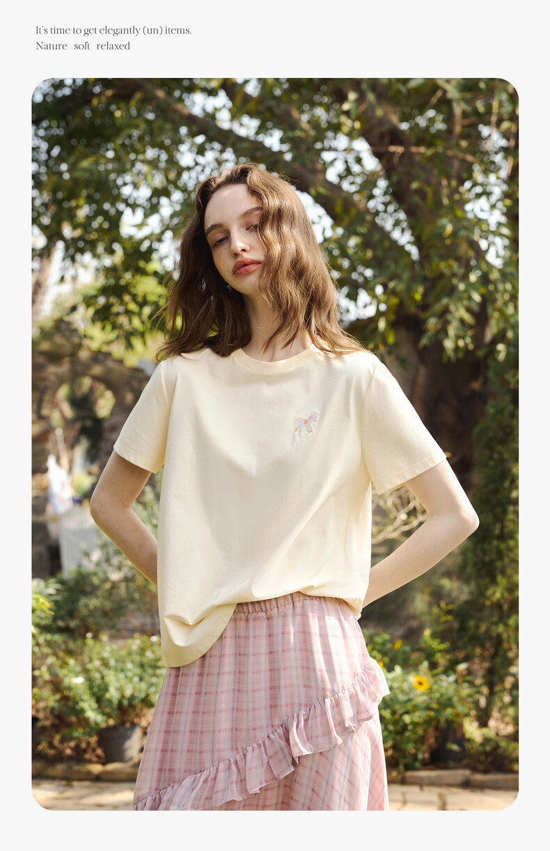 Olrain Eurier Casual Commuter Pony Embroidery Back Print Short Sleeve T-Shirt Women's Summer Top Beige M 13