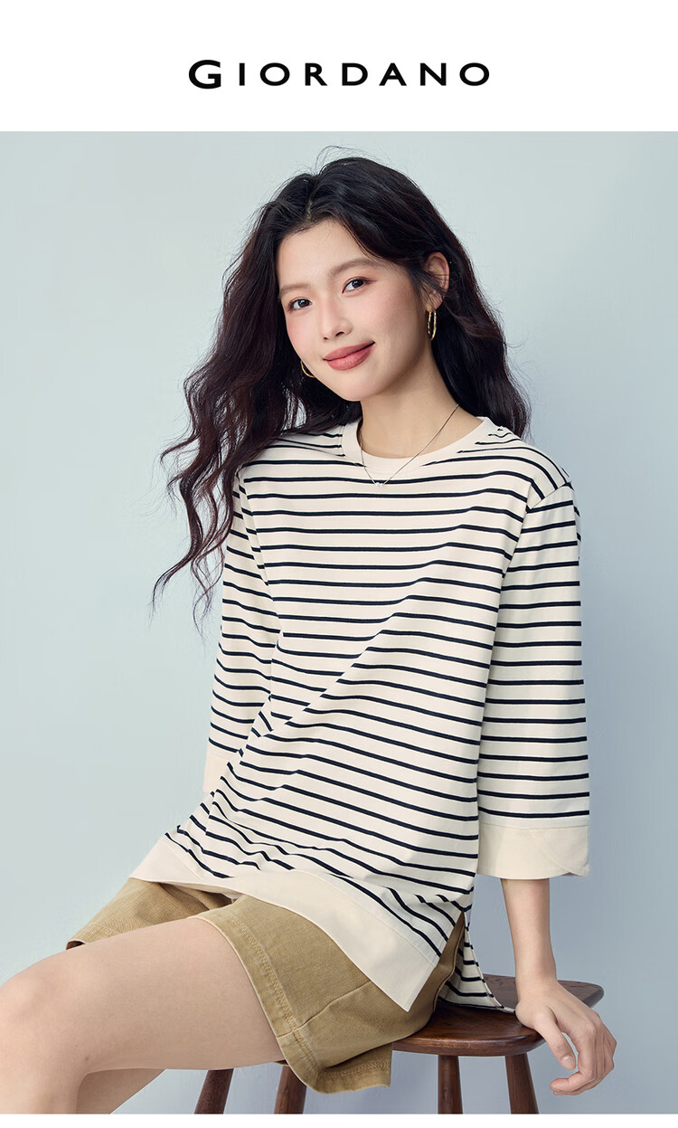 Giordano Women's T-Shirt 2026 Summer Cotton Striped Round Neck High-Low Hem 3/4 Sleeve Top 05326387 3