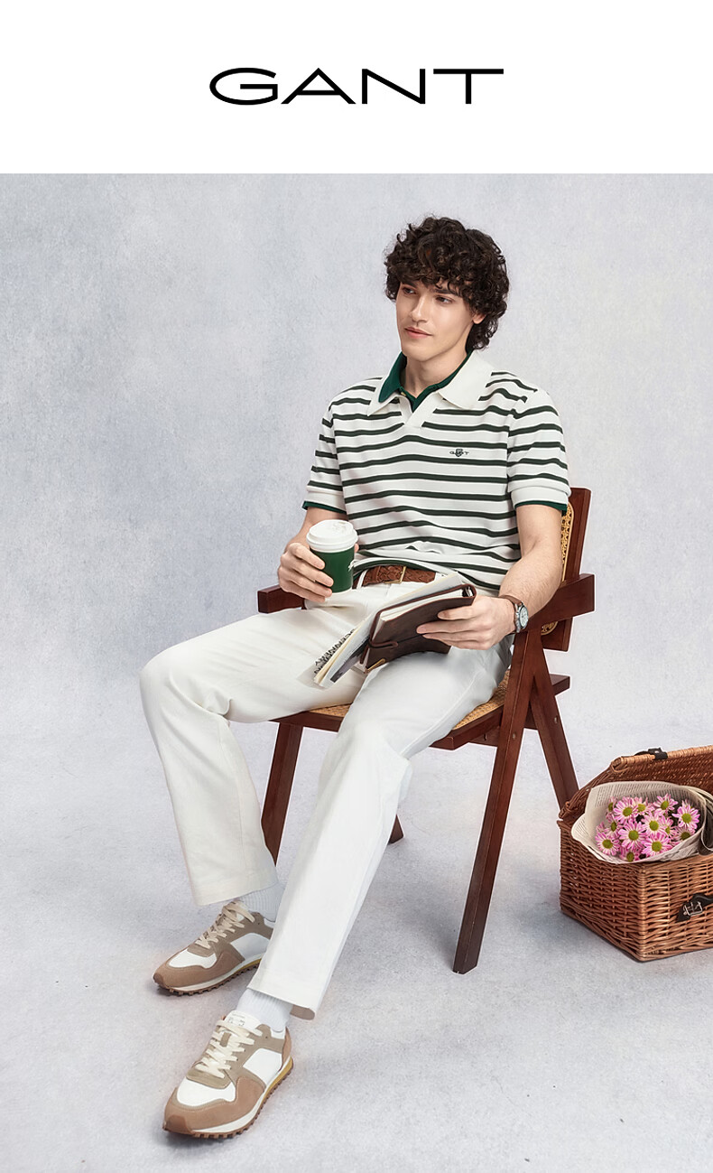 GANT Summer Men's Striped Color-Block Vintage Casual Seagull Collar Knit Polo 109-White Gray M 1
