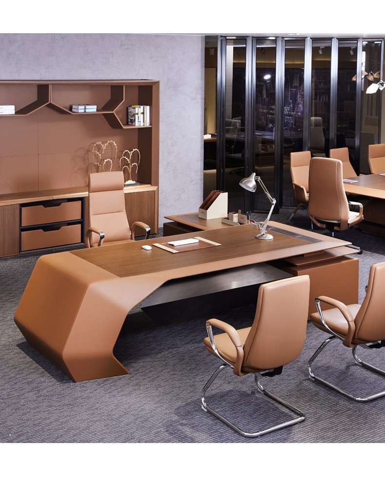 上海高端现代时尚意式轻奢办公家具总裁老板桌大班台实木马鞍皮面