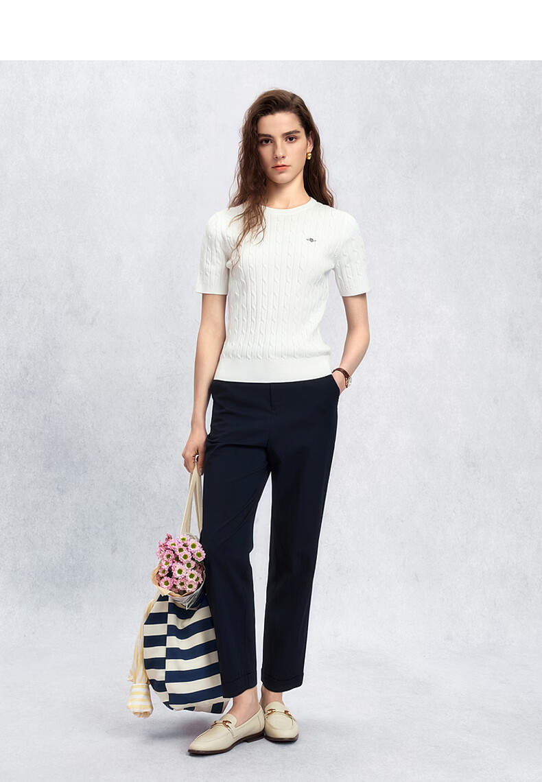 GANT Women's Spring Summer Slim Fit Round Neck Elegant Cable Knit Short Sleeve Sweater 115-White S 8