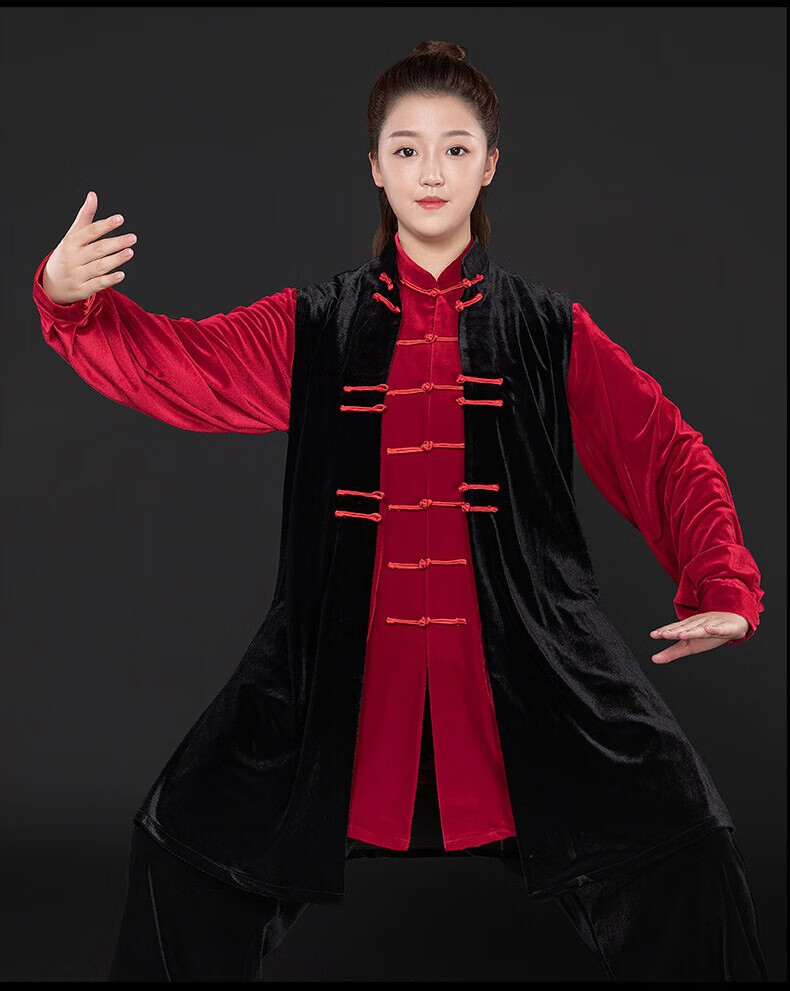 太极服女新款太极拳晨练健身服装男中老年金丝绒练功服 国红色(两件套
