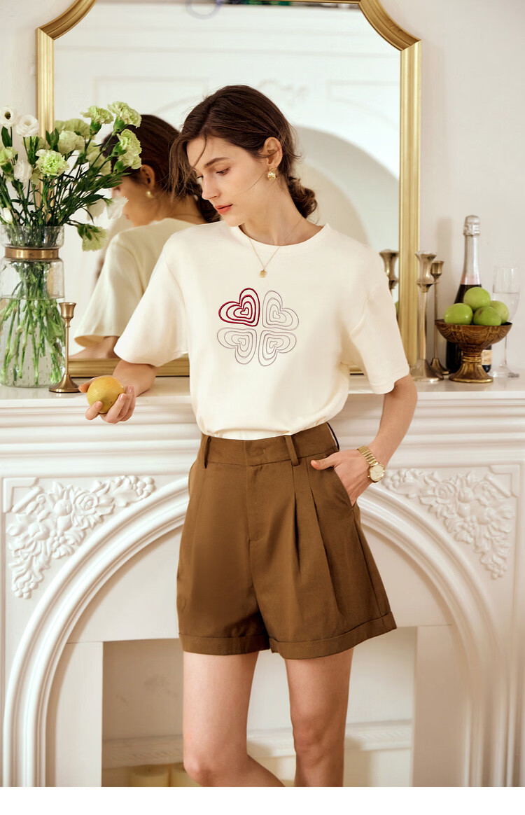 Olrain French Style Short Sleeve T-Shirt Women Summer Heart Embroidery Simple Round Neck Loose Top Apricot L 20