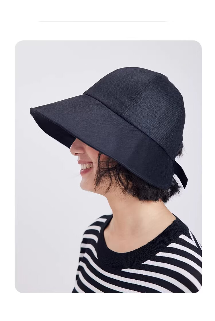 Lagur Japanese Classic Pure Linen Ponytail Outdoor Sunshade Fisherman Hat Sunscreen Hat for Women Summer Dark Blue 5