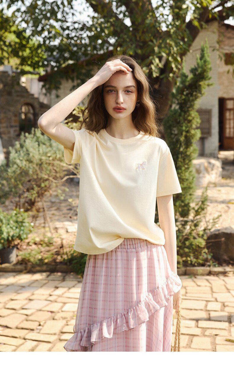 Olrain Eurier Casual Commuter Pony Embroidery Back Print Short Sleeve T-Shirt Women's Summer Top Beige M 16