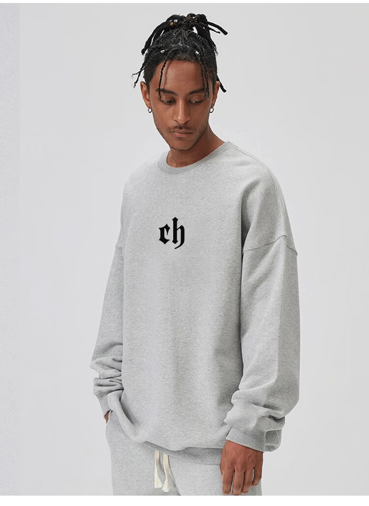 潮牌国潮ch无帽圆领卫衣男秋款重磅美式高街百搭情侣上衣cb字母 黑色