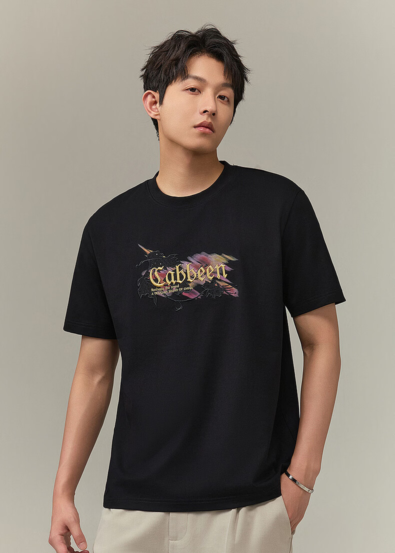 Cabbeen [Gold Label Embroidery] Cool Feeling Printed Short Sleeve T-Shirt Men's 2025 Summer Trendy Crew Neck Top Bleached White Size L 16