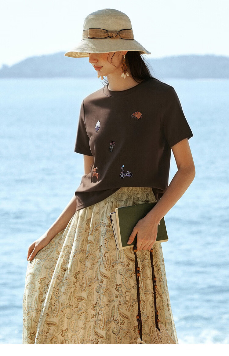 Olrain Classic Embroidered Crew Neck Short Sleeve T-Shirt Women Summer New Commuter Casual Top Brown XL 19