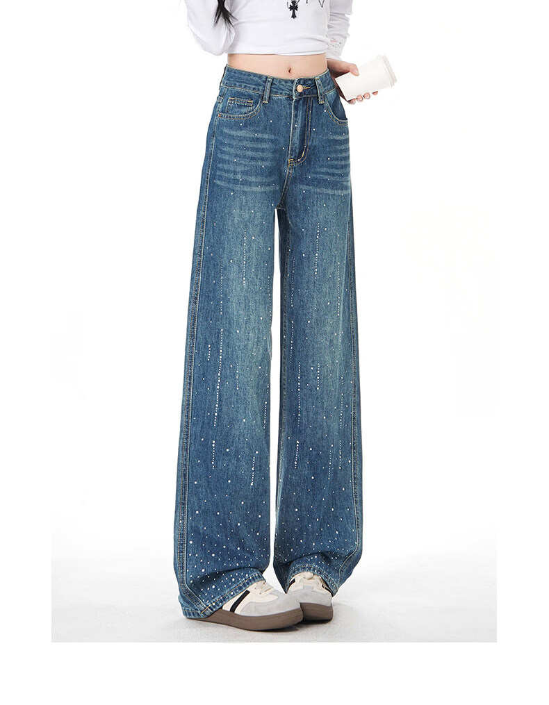 :CHOCOOLATE Women's Vintage American Style Rhinestone Washed Straight Leg Wide Leg Jeans Summer New Retro Blue XS 11