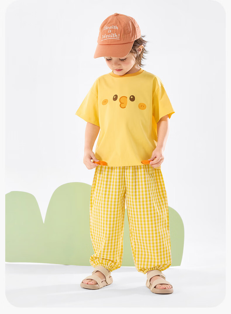 Dudu Kids Summer Set Loose Boys Short Sleeve T-Shirt Girls Casual Pants Baby Two-Piece Set Yellow-Green 120 8