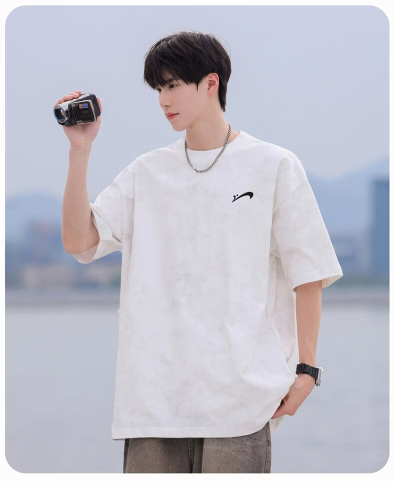 Guirenniao Washed Pure Cotton Short Sleeve T-Shirt Men New American Casual Fashion Vintage Soft Breathable Top Carbon Gray S 14