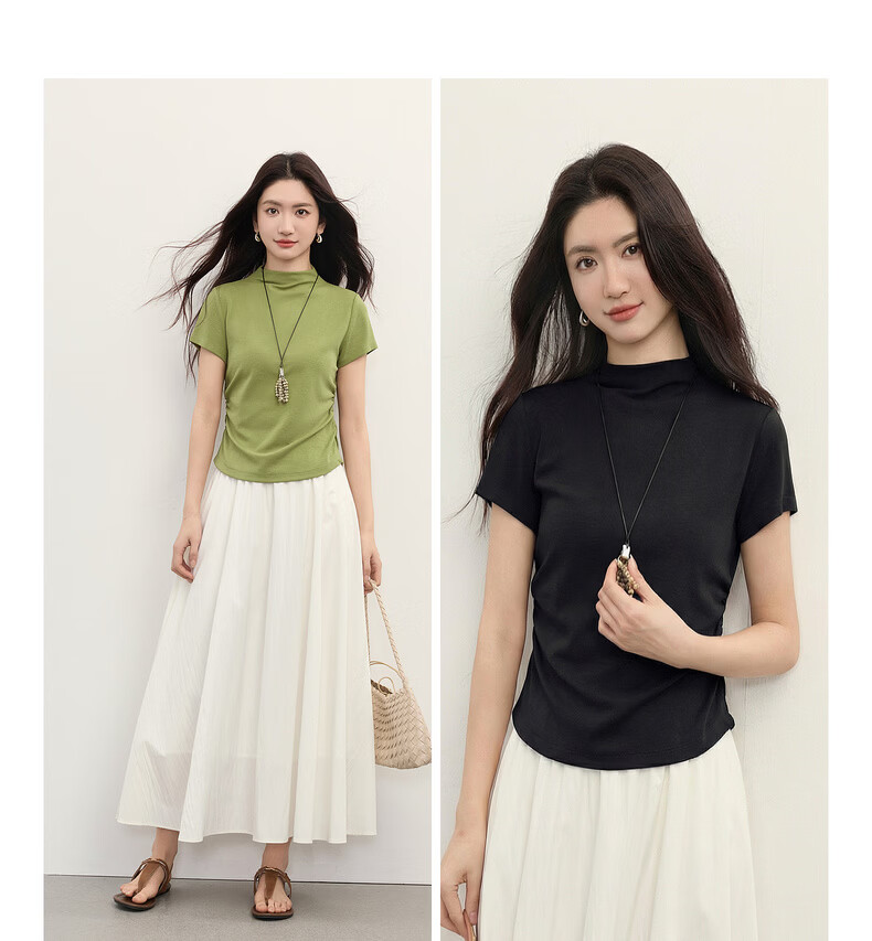 Sllsky Tencel Cotton Slim Fit T-Shirt Women Summer Waist Slimming Half High Neck Short Sleeve Top Midnight Black L 7