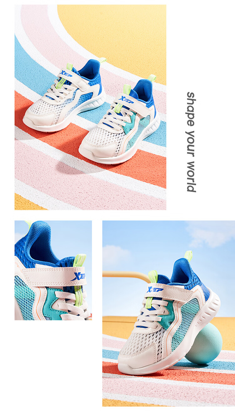 Xtep Mesh Breathable Kids' Sports Shoes with Stability Support and Velcro Running Shoes Smart Blue/New White/Lyon Blue Size 32 3