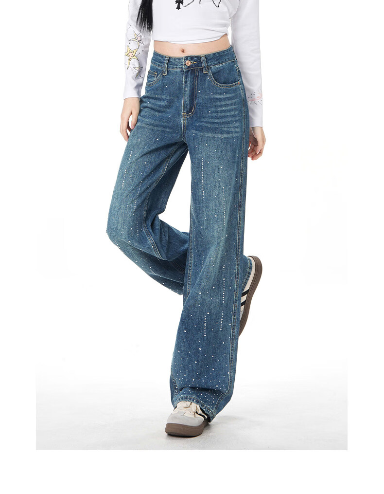 :CHOCOOLATE Women's Vintage American Style Rhinestone Washed Straight Leg Wide Leg Jeans Summer New Retro Blue XS 13