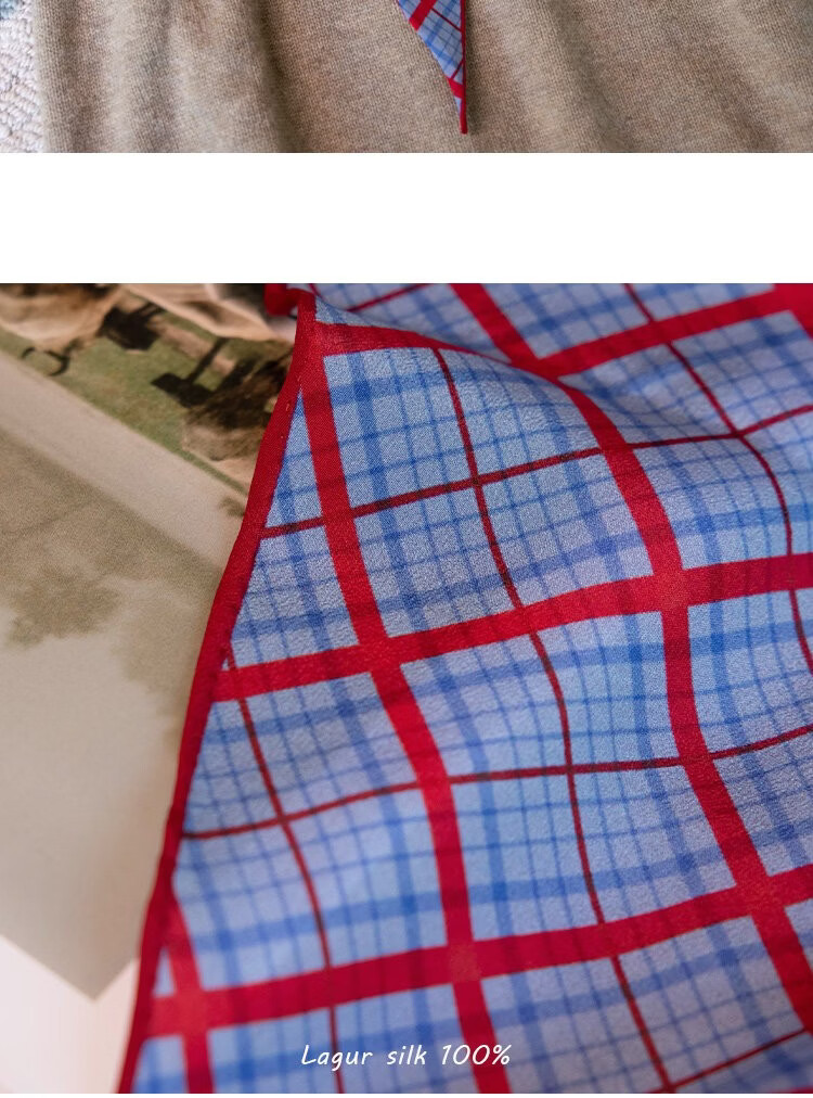 Lagur Tranquil Blue Plaid 100% Mulberry Silk Scarf Long Triangle Diamond Vintage Headband for Women Tranquil Blue 18