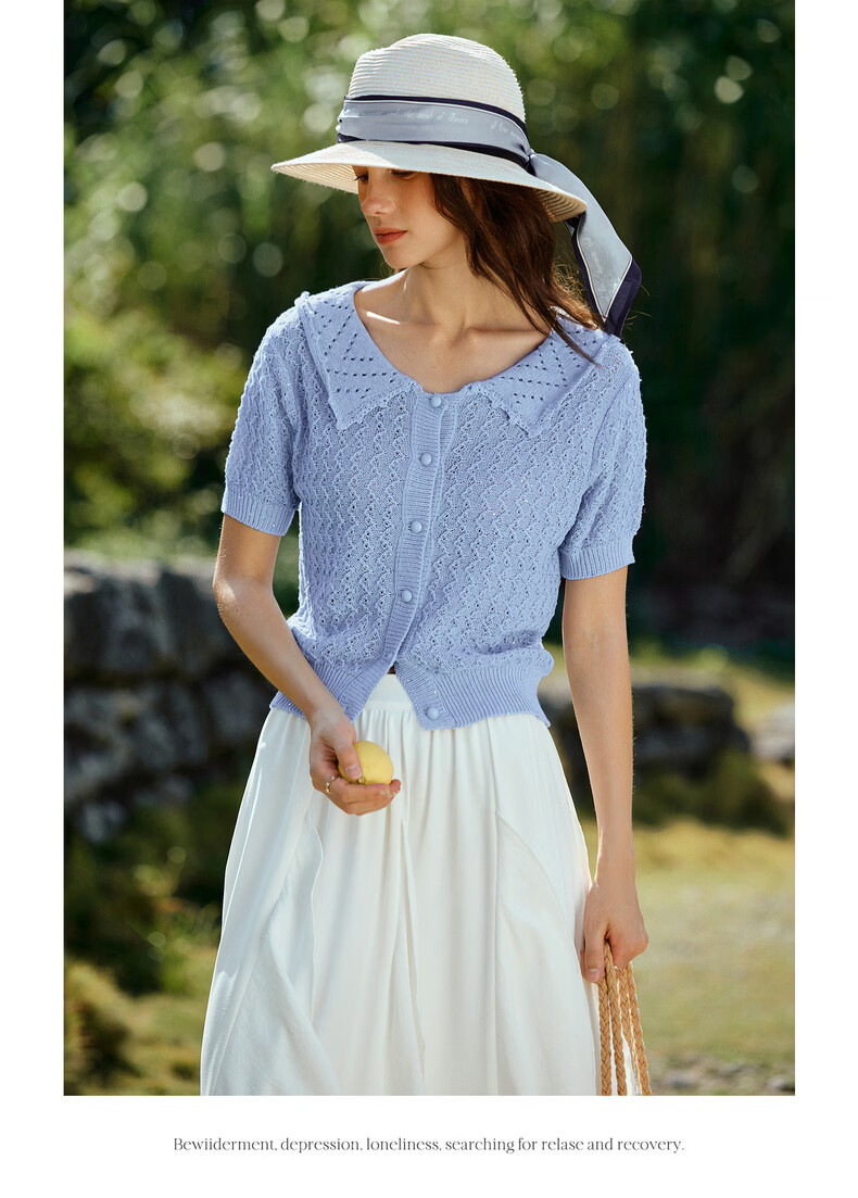 Olrain French Style New Summer Hollow Out Lapel Elegant Short Sleeve Knit Cardigan Top for Women Blue L 16