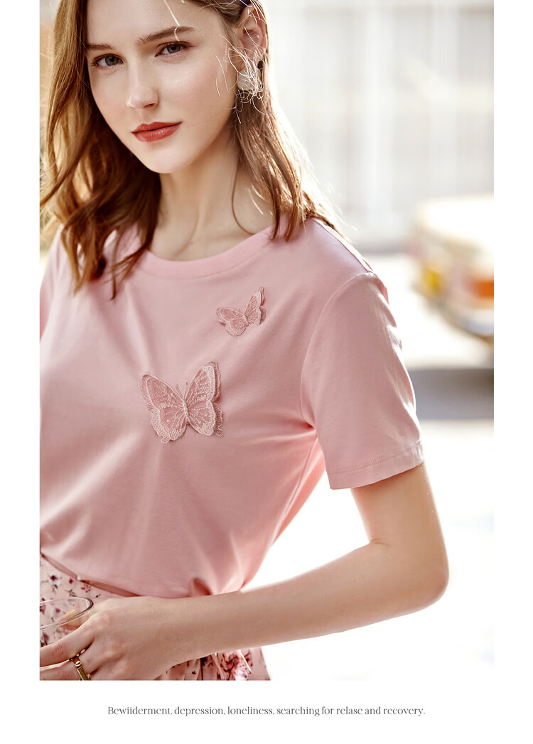 Olrain Embroidered Butterfly Short Sleeve T-Shirt Women Summer Casual Loose Top Pink (New Batch) L 12