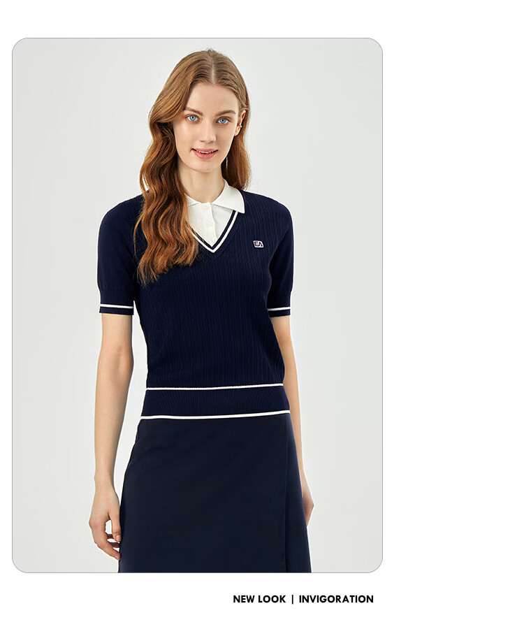 ELLE ACTIVE Women's Fashion Knitwear Casual Summer Striped V-Neck Short Sleeve T-Shirt, False Two-Piece, Blue, Size S 9