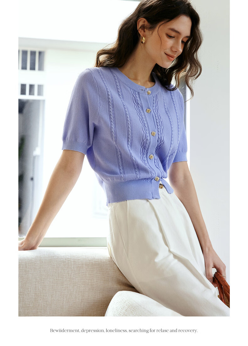 Olrain French Style Round Neck Cable Knit Cardigan Women Summer Commuter Casual Short Top Purple L 17