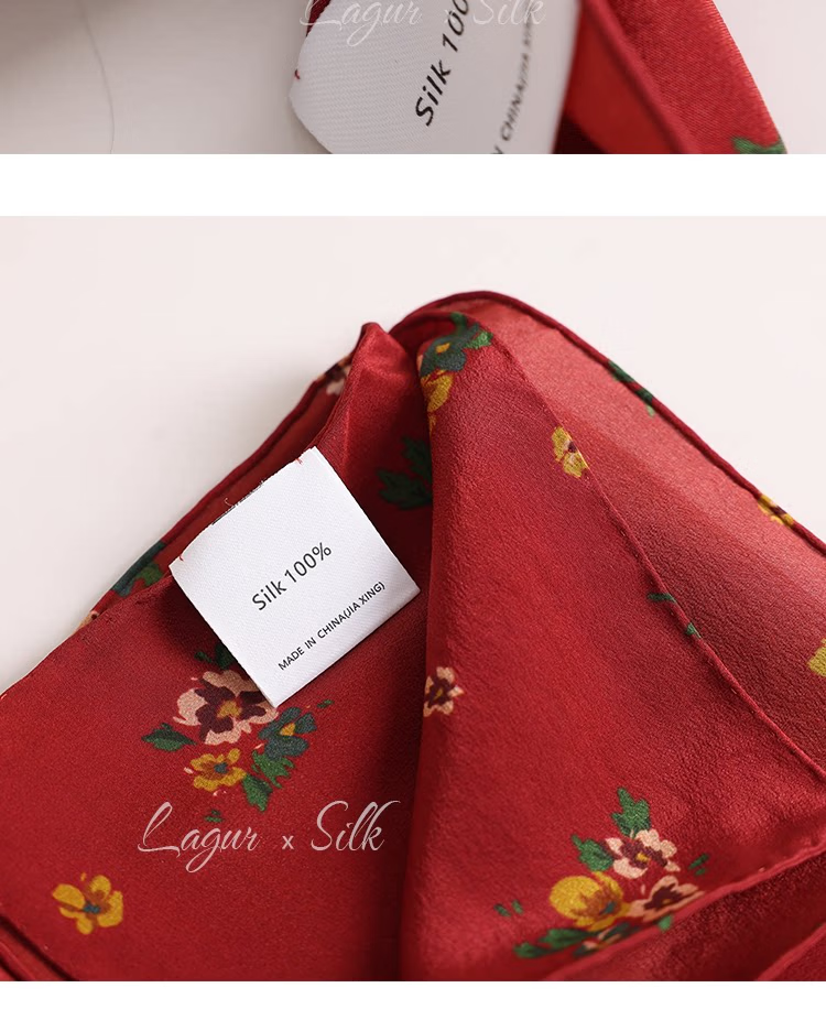 Lagur Nostalgic "Oriental Aesthetic" Vintage Red Mulberry Silk Scarf Square Hong Kong Style Women's Gift for Mom Camellia Red 18