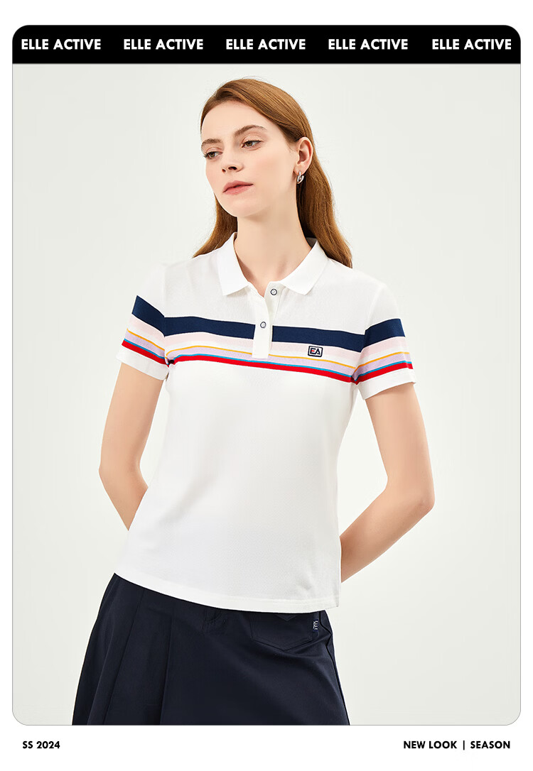ELLE ACTIVE Fashion Color-Block Striped Polo Shirt Women Short Sleeve Casual Sports T-Shirt Summer Vibrant Collared Top White L 11
