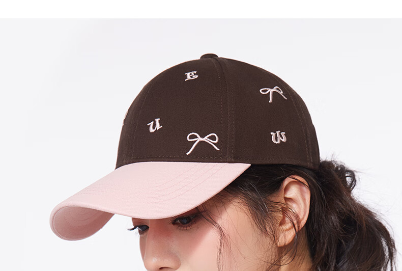 CACUSS Women's Spring Summer Baseball Cap with Bow Embroidery, Colorblock Cotton Visor Hat, Pink and Coffee 15