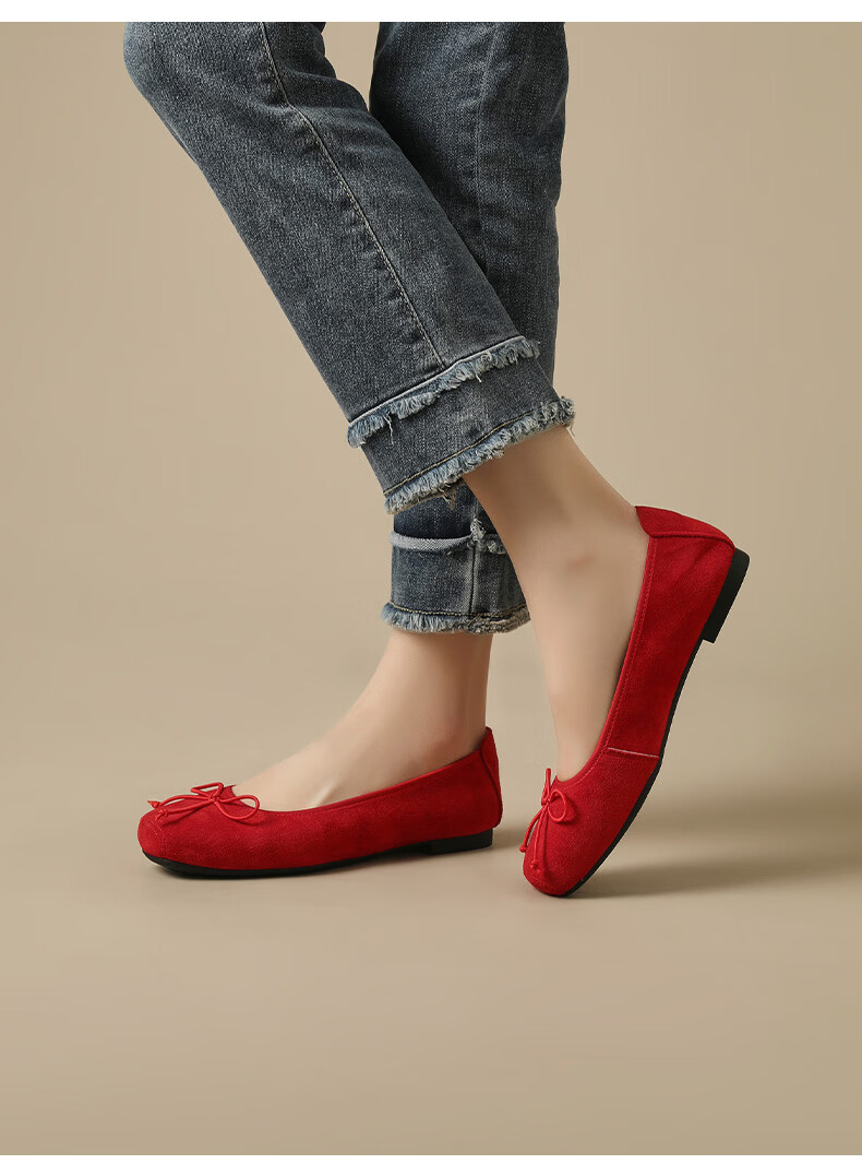 Quicheshoes Women's Ballet Flats Pig Nose Suede Low-Cut Flat Shoes Spring Autumn Soft Sole Slip-On Red Size 35 15