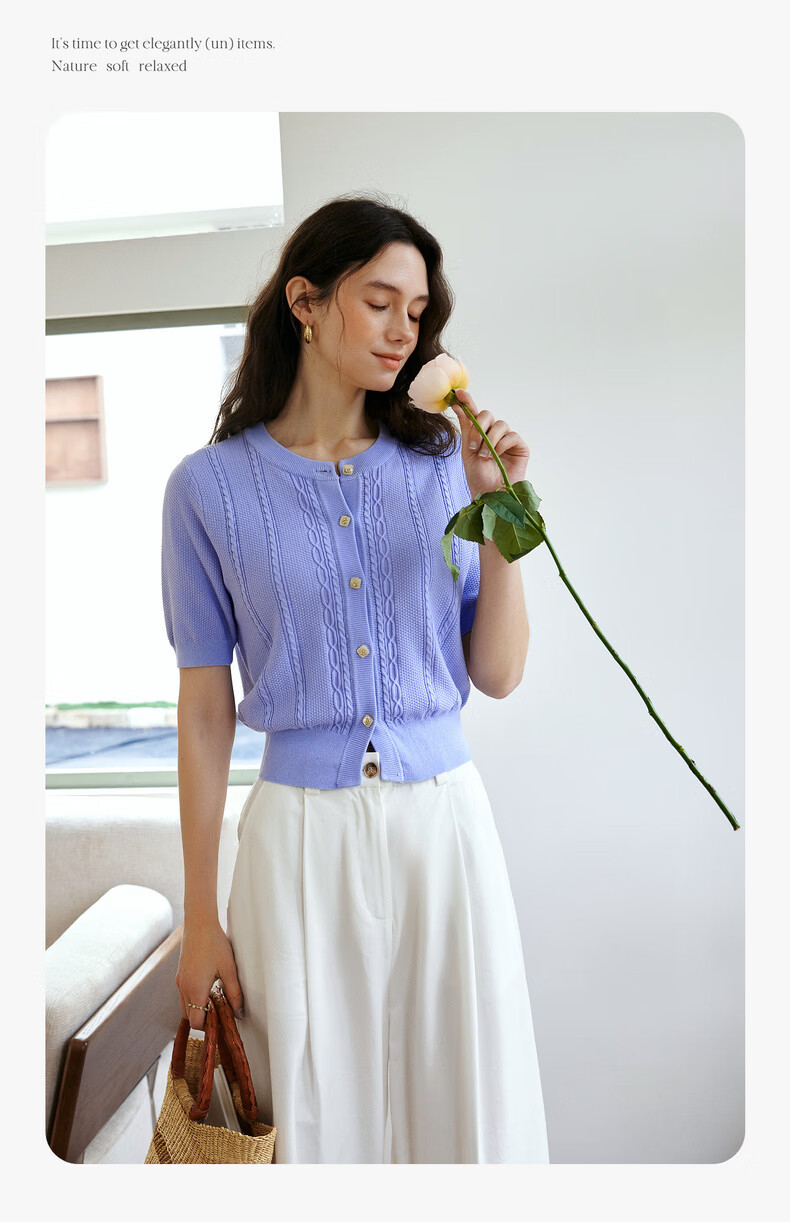 Olrain French Style Round Neck Cable Knit Cardigan Women Summer Commuter Casual Short Top Purple L 13