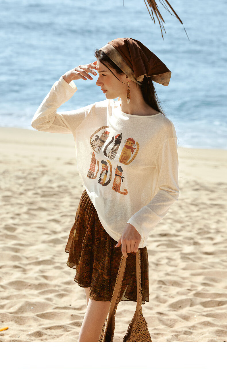 Olrain Tencel Casual Cat Print Long Sleeve T-Shirt Women Summer Large Round Neck Drop Shoulder Top Apricot L 17