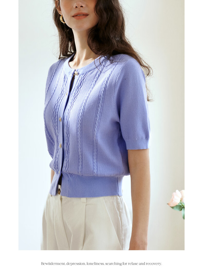 Olrain French Style Round Neck Cable Knit Cardigan Women Summer Commuter Casual Short Top Purple L 20