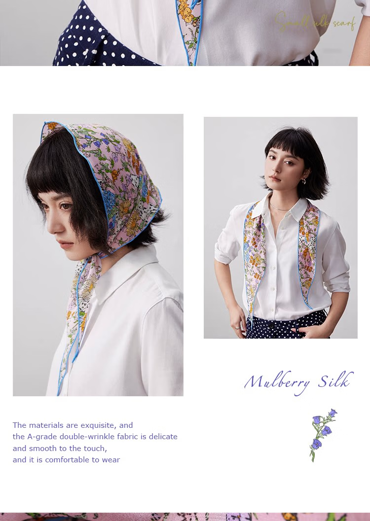 Lagur "French Wonderland" 100% Mulberry Silk Small Scarf 12 Momme Silk Triangle Neck Scarf Spring Autumn Cream Yellow 24