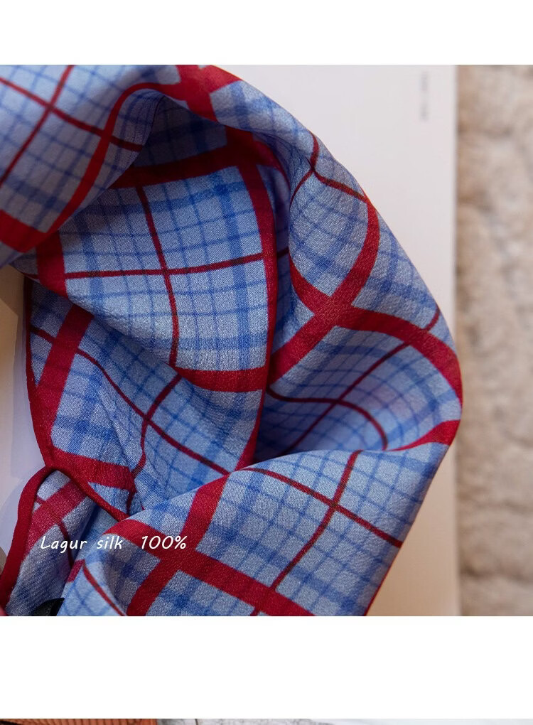 Lagur Tranquil Blue Plaid 100% Mulberry Silk Scarf Long Triangle Diamond Vintage Headband for Women Tranquil Blue 16