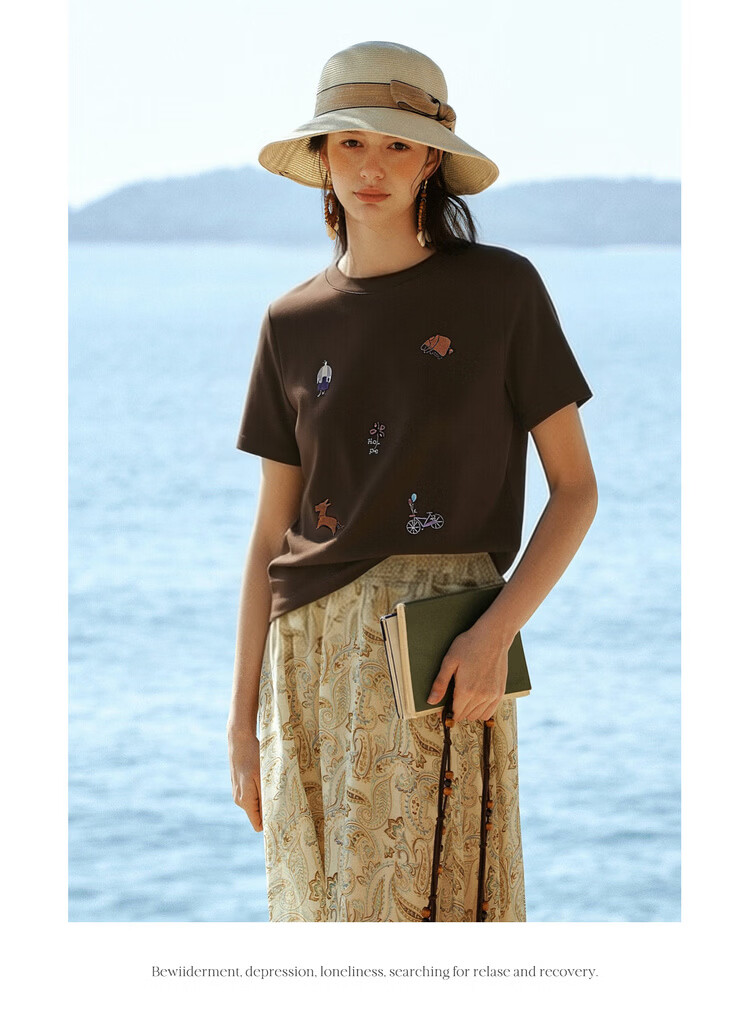 Olrain Classic Embroidered Crew Neck Short Sleeve T-Shirt Women Summer New Commuter Casual Top Brown XL 18