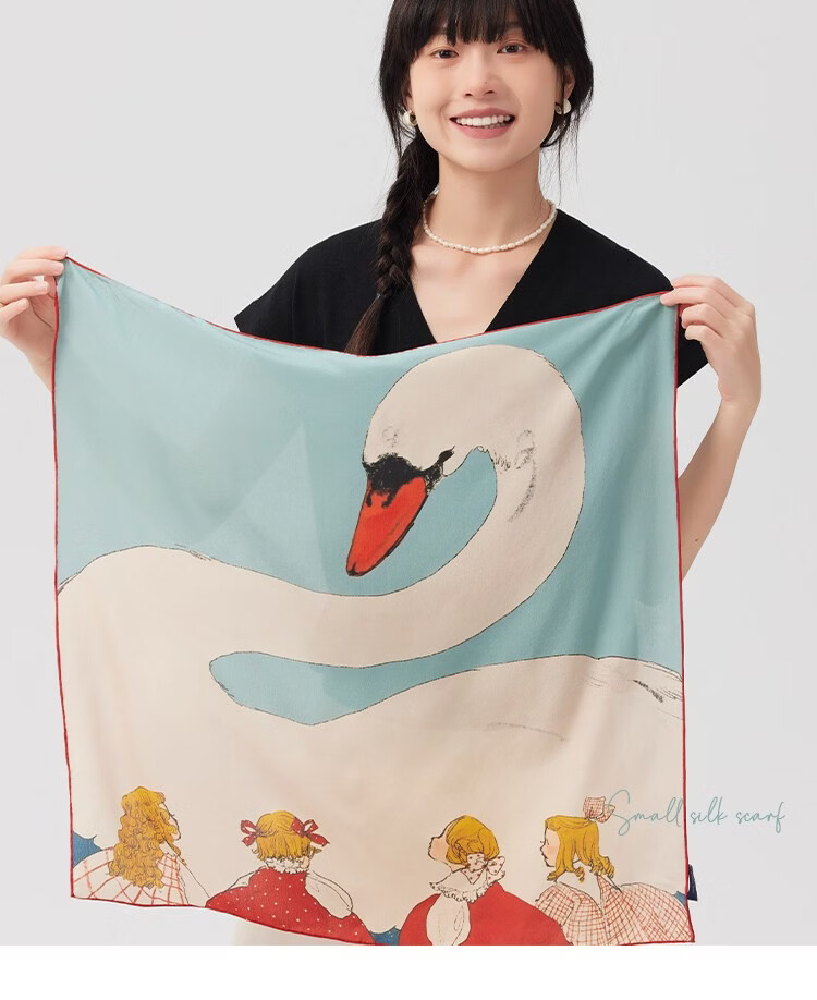Lagur Swan Fairy Tale Silk Scarf Mulberry Silk Headband Summer Women's Square Scarf Fairy Tale Town (Pink Gift Box) 12