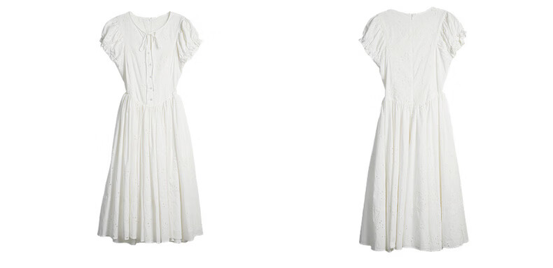 Olrain Eurielle French Embroidered New Summer White Waist-Tied Round Neck Puff Sleeve Dress White XL 7