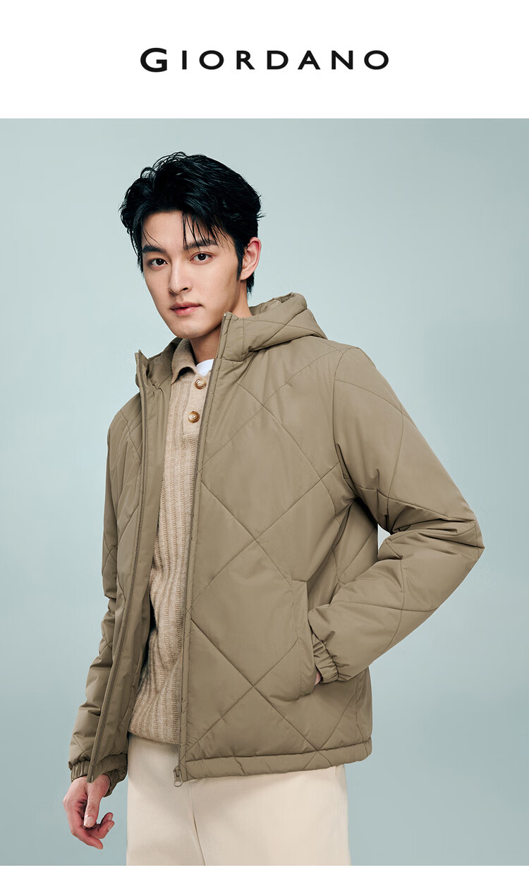 Giordano Men's Outdoor Quilted Cotton Jacket New Hooded Warm Diamond Plaid Cotton Coat 01075688 3