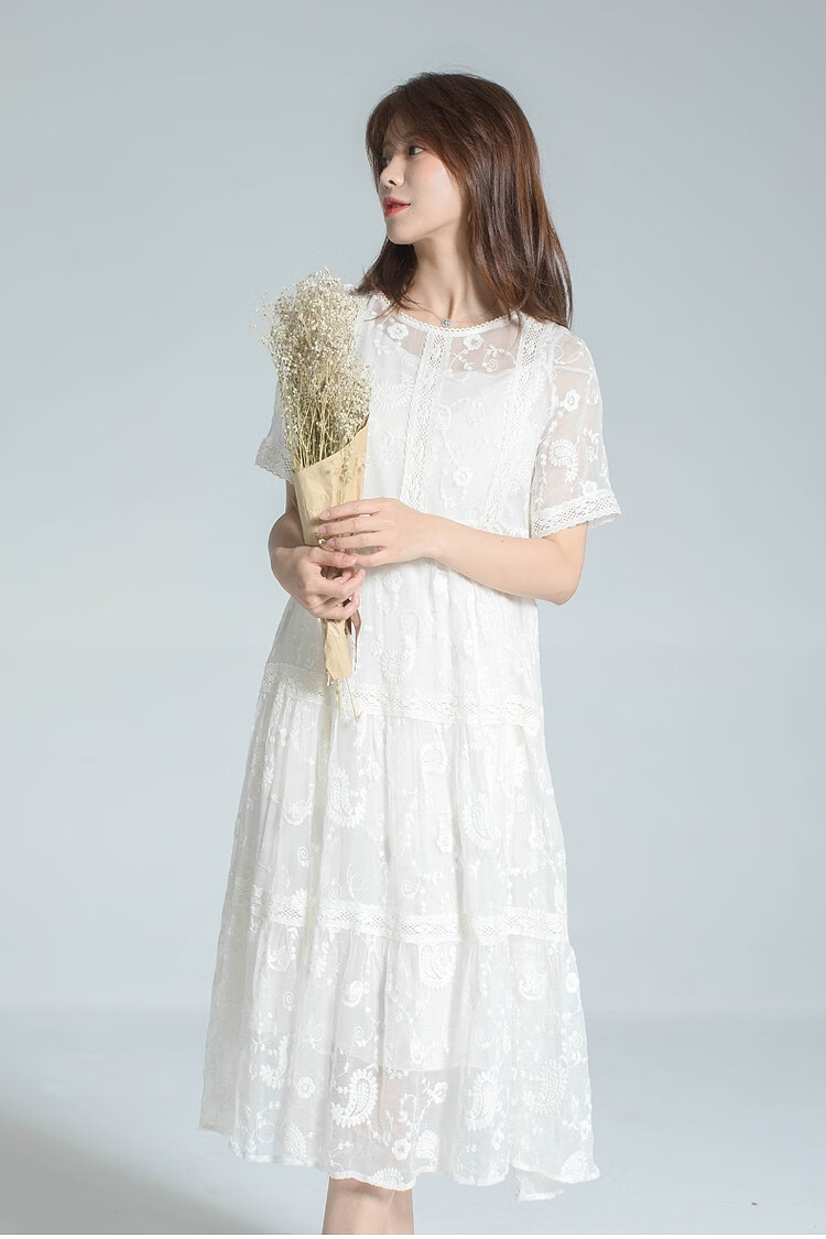 刺绣真丝白色连衣裙女2020新款杭州桑蚕丝年轻款裙子宽松长裙 白色