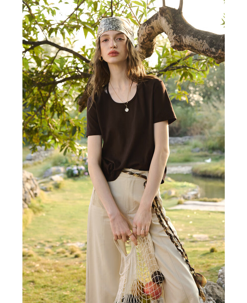 Olrain Oureier Round Neck Beaded Fitted Short Sleeve T-Shirt Women's Summer New Casual Trendy Top Beige L 18