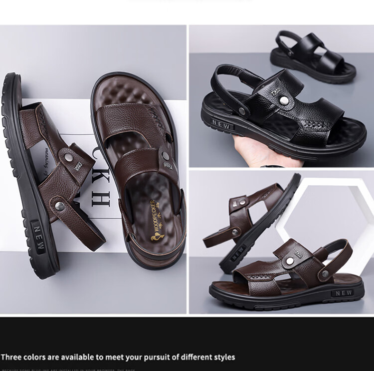 Woodpecker Men's Summer Casual Soft Sole Genuine Leather Beach Sandals Non-Slip Cowhide 9