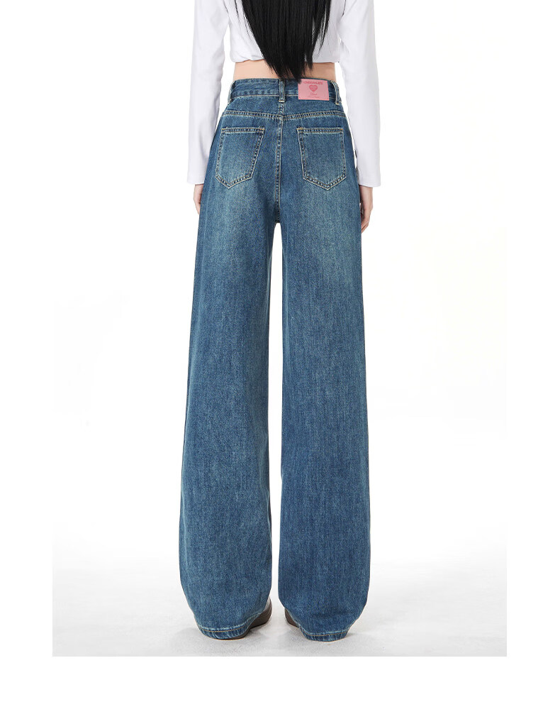 :CHOCOOLATE Women's Vintage American Style Rhinestone Washed Straight Leg Wide Leg Jeans Summer New Retro Blue XS 15