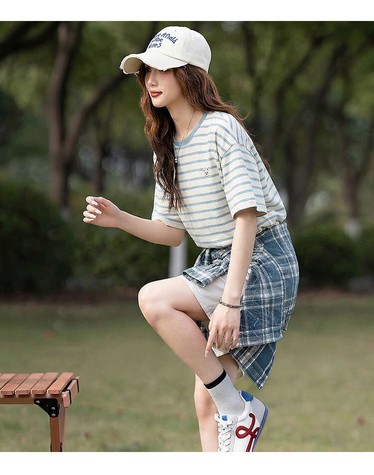 TonLion 2026 Summer New Women's Short Sleeve Striped T-Shirt Round Neck Casual Loose Relaxed Fit Top 5
