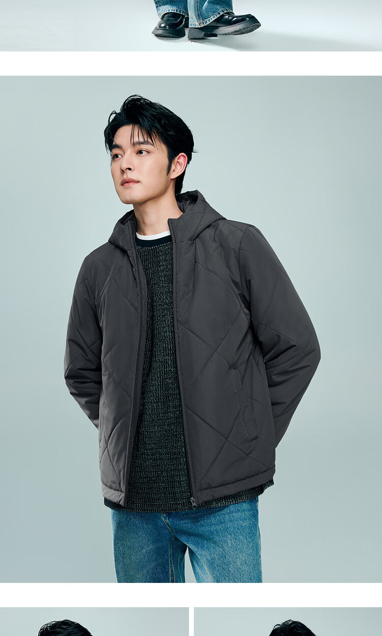 Giordano Men's Outdoor Quilted Cotton Jacket New Hooded Warm Diamond Plaid Cotton Coat 01075688 12
