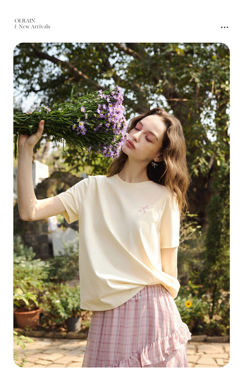 Olrain Eurier Casual Commuter Pony Embroidery Back Print Short Sleeve T-Shirt Women's Summer Top Beige M 8