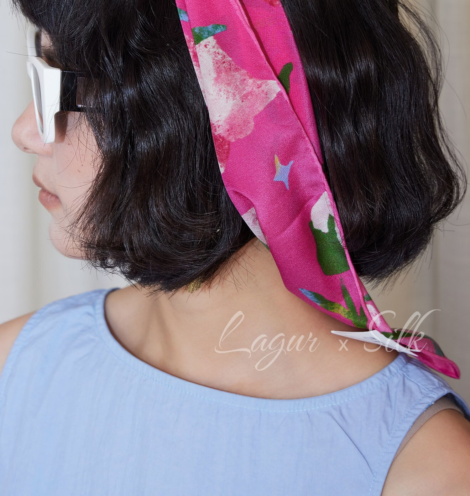 Lagur "Rose Red Morning Glory" Original Handmade Fine Rolled Mulberry Silk Scarf Midnight Blue (Pink Gift Box) 22