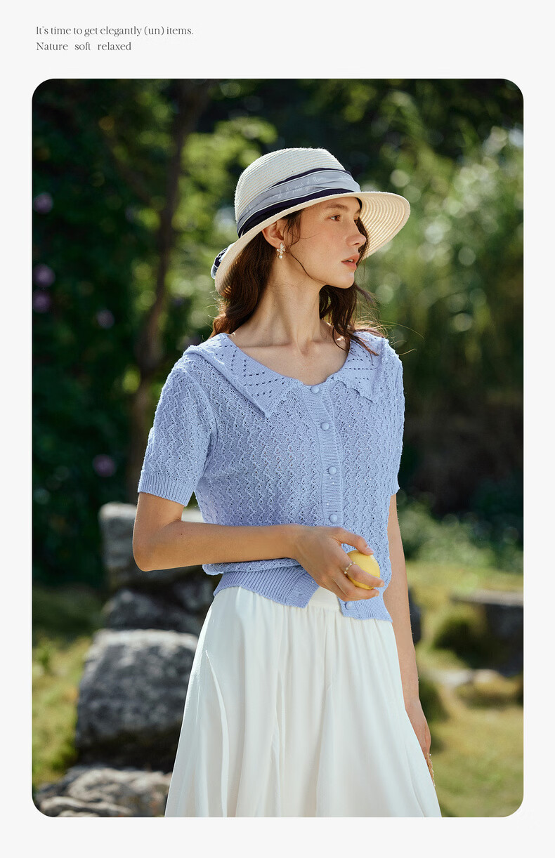 Olrain French Style New Summer Hollow Out Lapel Elegant Short Sleeve Knit Cardigan Top for Women Blue L 12