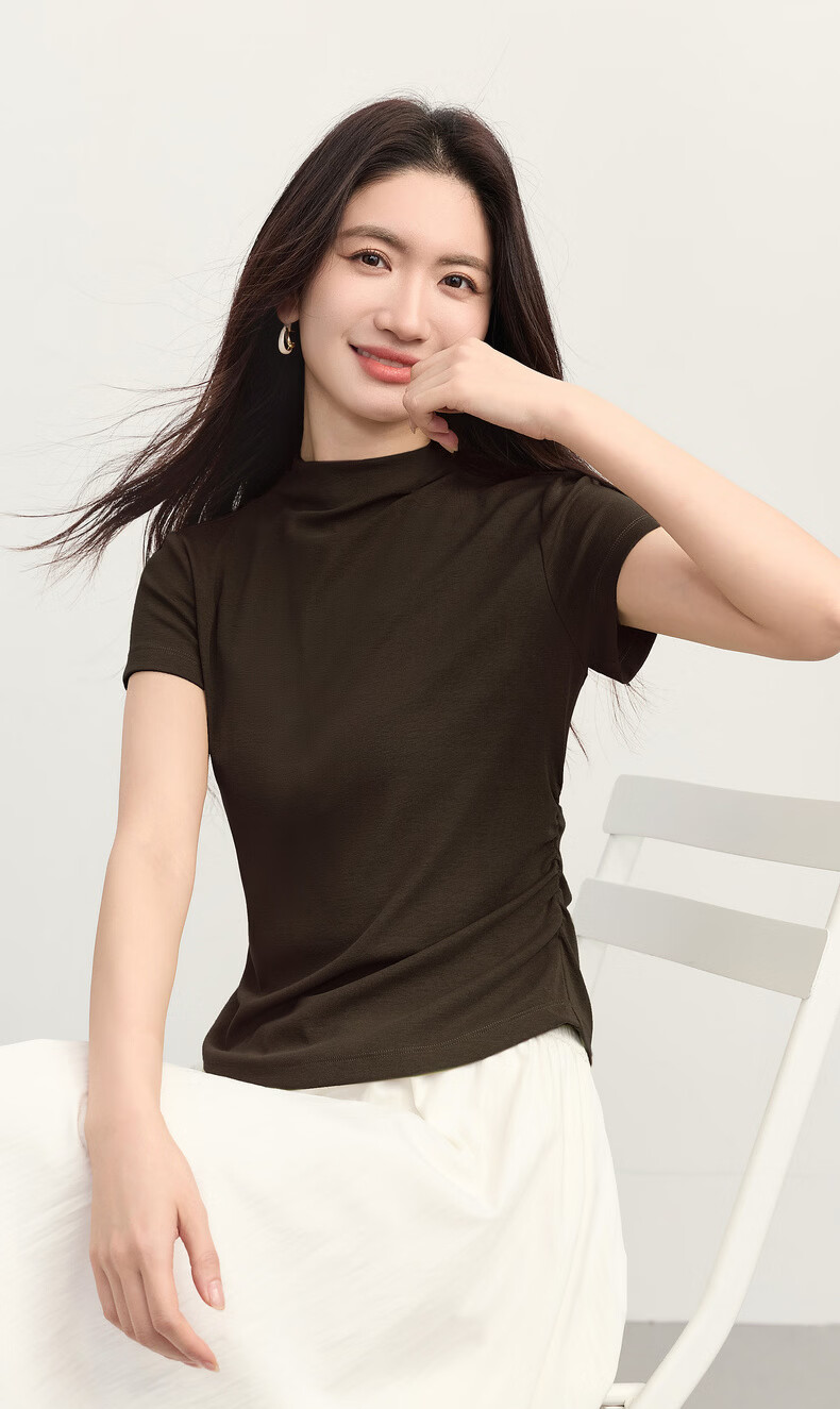 Sllsky Tencel Cotton Slim Fit T-Shirt Women Summer Waist Slimming Half High Neck Short Sleeve Top Midnight Black L 5