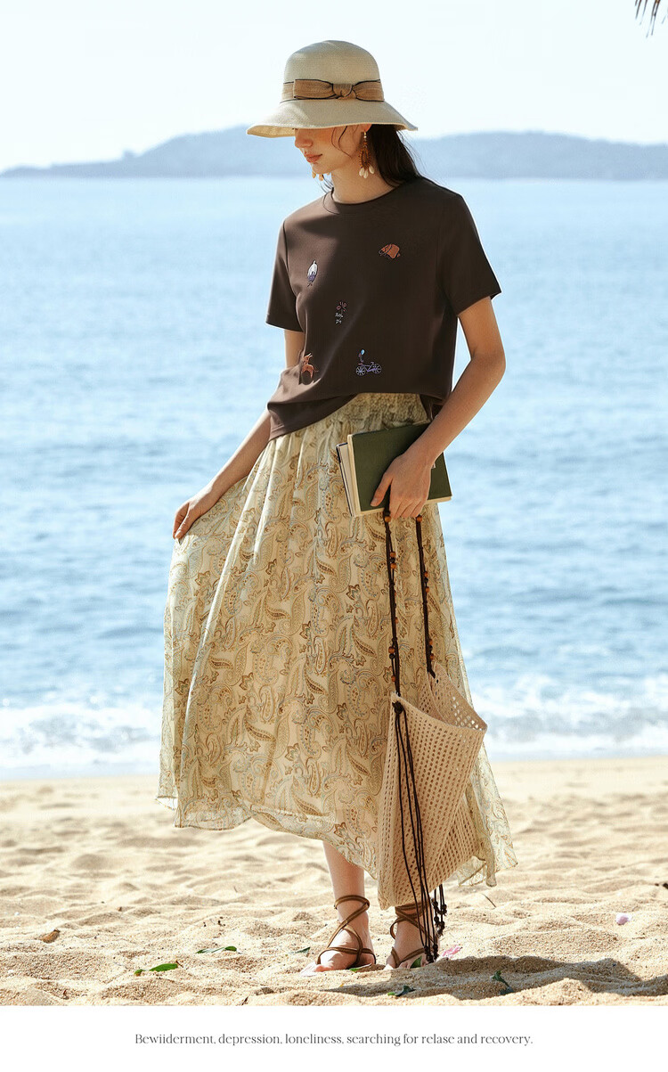 Olrain Classic Embroidered Crew Neck Short Sleeve T-Shirt Women Summer New Commuter Casual Top Brown XL 13