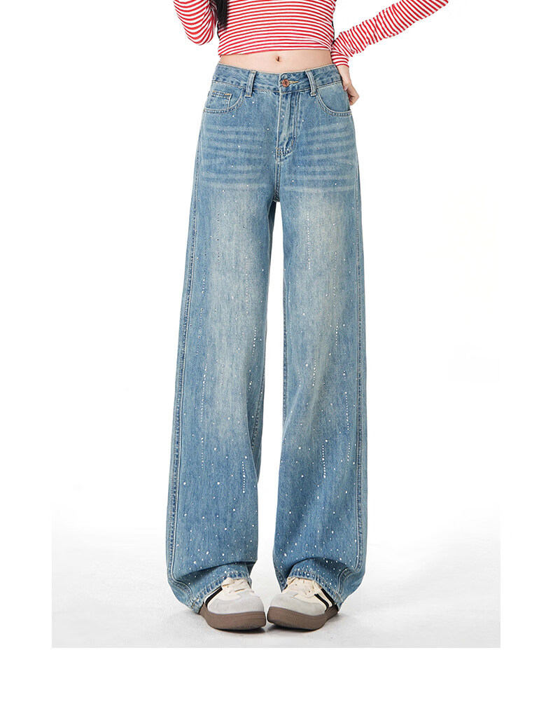 :CHOCOOLATE Women's Vintage American Style Rhinestone Washed Straight Leg Wide Leg Jeans Summer New Retro Blue XS 6