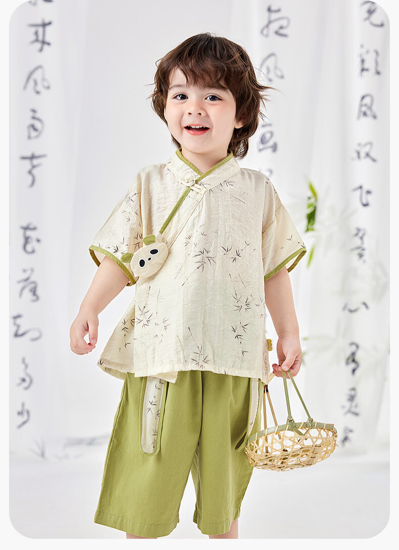 Dudu Baby New Chinese Style Summer Set Children's National Style Two-Piece Boys Short Sleeve Girls Shorts Summer Outfit Pink 90cm 18